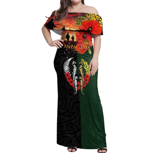 New Zealand and Australia ANZAC Day Off Shoulder Maxi Dress Lest We Forget Indigenous and Maori Pattern