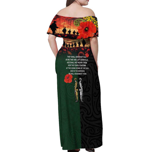 New Zealand and Australia ANZAC Day Off Shoulder Maxi Dress Lest We Forget Indigenous and Maori Pattern