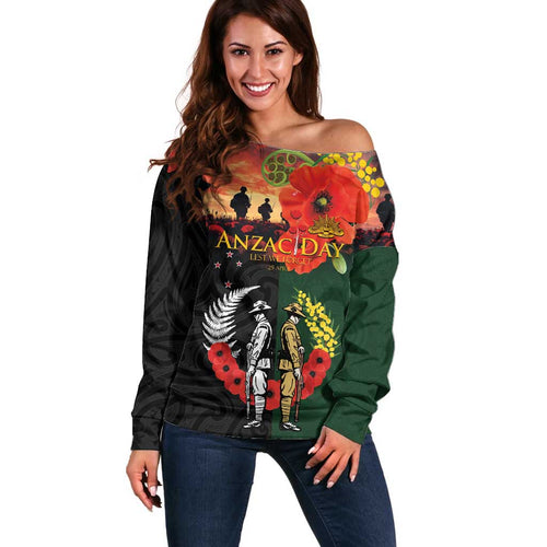 New Zealand and Australia ANZAC Day Off Shoulder Sweater Lest We Forget Indigenous and Maori Pattern