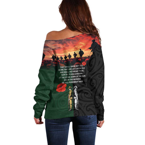 New Zealand and Australia ANZAC Day Off Shoulder Sweater Lest We Forget Indigenous and Maori Pattern