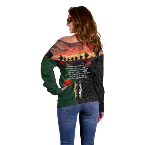 New Zealand and Australia ANZAC Day Off Shoulder Sweater Lest We Forget Indigenous and Maori Pattern