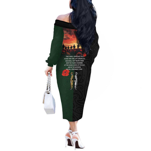 New Zealand and Australia ANZAC Day Off The Shoulder Long Sleeve Dress Lest We Forget Indigenous and Maori Pattern