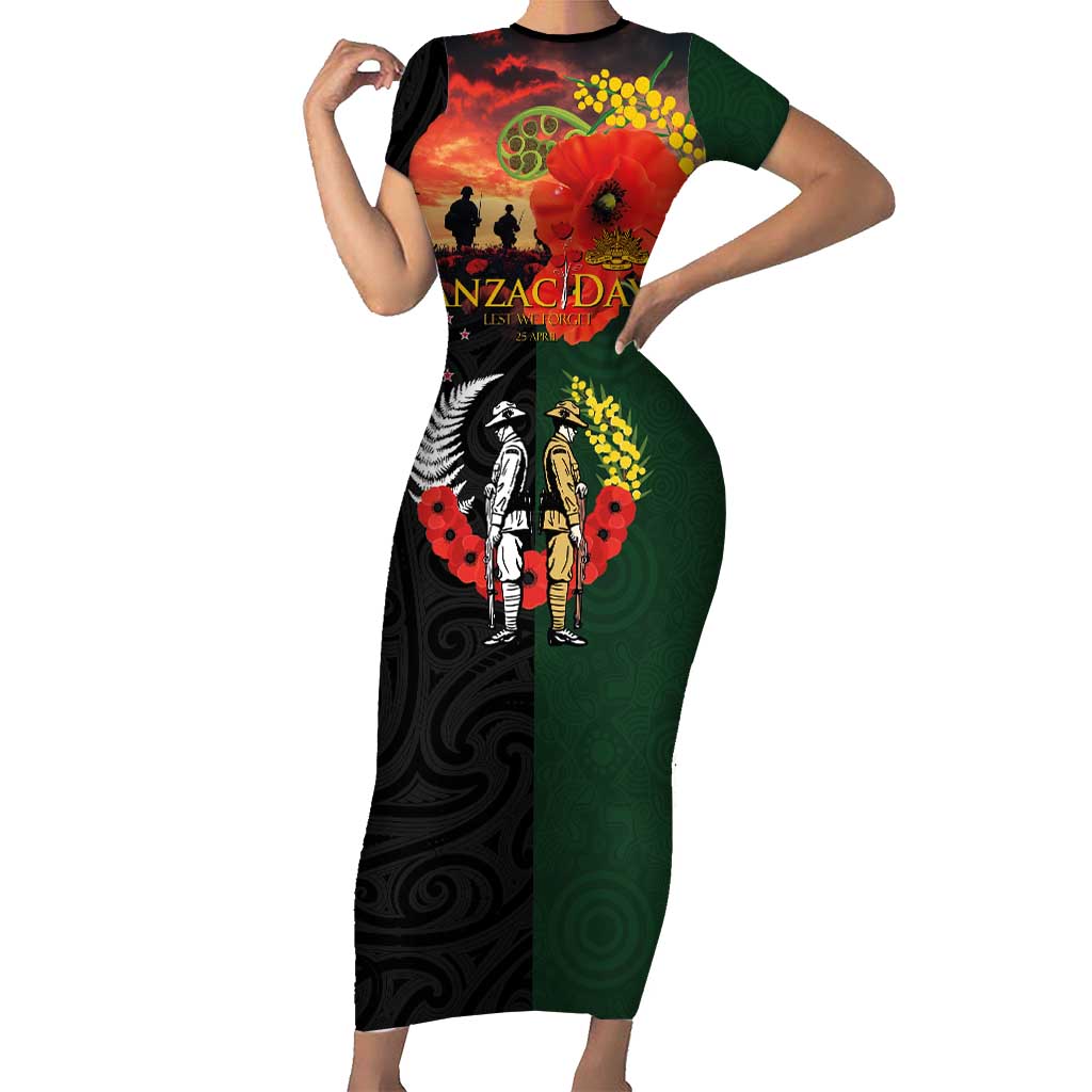 New Zealand and Australia ANZAC Day Short Sleeve Bodycon Dress Lest We Forget Indigenous and Maori Pattern