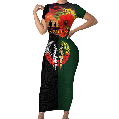 New Zealand and Australia ANZAC Day Short Sleeve Bodycon Dress Lest We Forget Indigenous and Maori Pattern