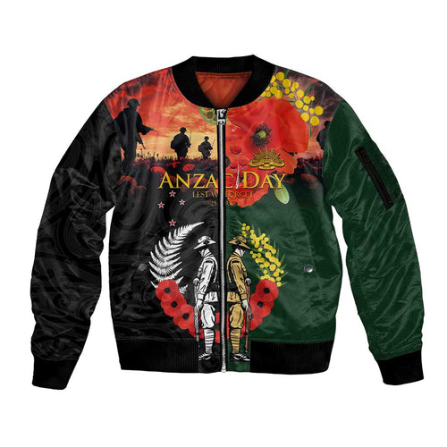 New Zealand and Australia ANZAC Day Sleeve Zip Bomber Jacket Lest We Forget Indigenous and Maori Pattern