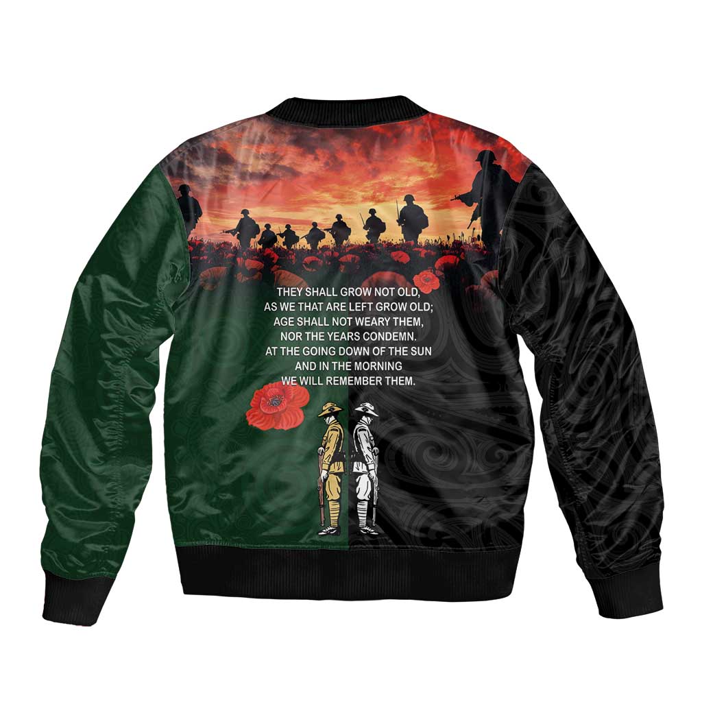 New Zealand and Australia ANZAC Day Sleeve Zip Bomber Jacket Lest We Forget Indigenous and Maori Pattern