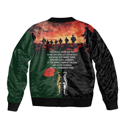 New Zealand and Australia ANZAC Day Sleeve Zip Bomber Jacket Lest We Forget Indigenous and Maori Pattern