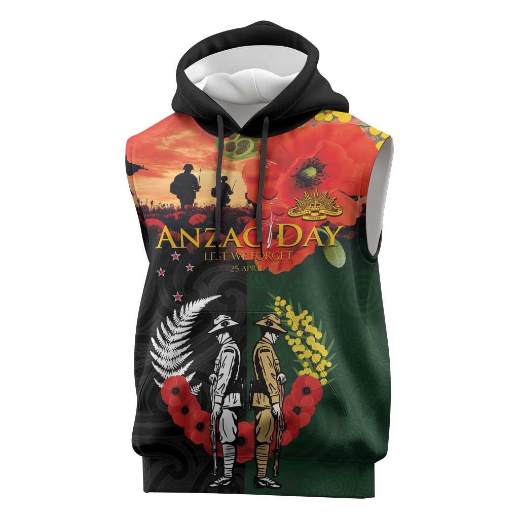 New Zealand and Australia ANZAC Day Sleeveless Hoodie Lest We Forget Indigenous and Maori Pattern