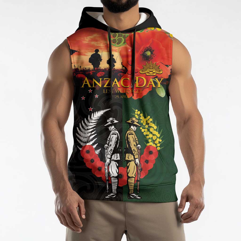 New Zealand and Australia ANZAC Day Sleeveless Hoodie Lest We Forget Indigenous and Maori Pattern