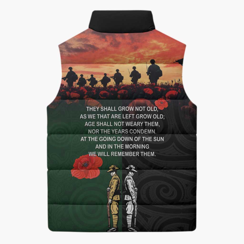 New Zealand and Australia ANZAC Day Sleeveless Puffer Jacket Lest We Forget Indigenous and Maori Pattern
