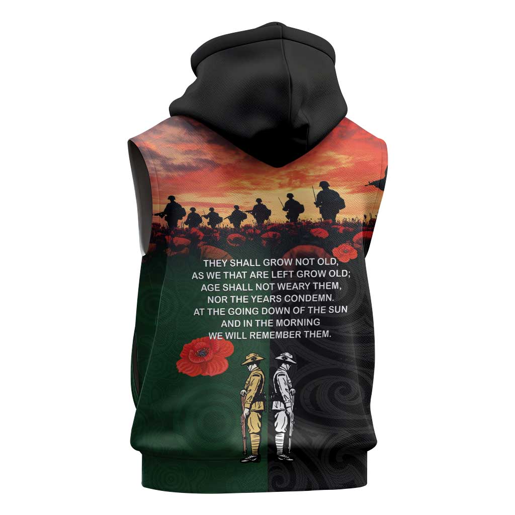 New Zealand and Australia ANZAC Day Sleeveless Zip Hoodie Lest We Forget Indigenous and Maori Pattern