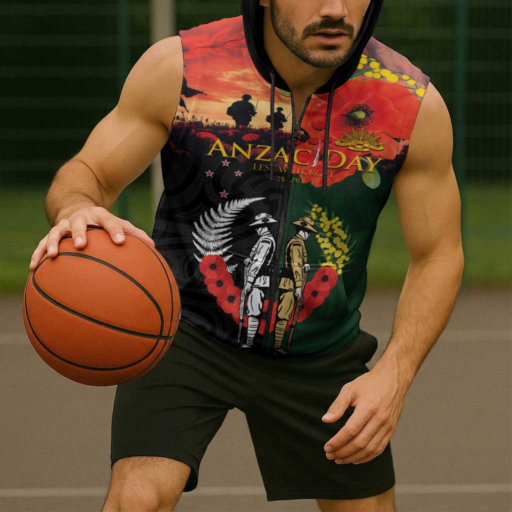 New Zealand and Australia ANZAC Day Sleeveless Zip Hoodie Lest We Forget Indigenous and Maori Pattern