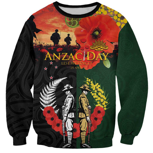 New Zealand and Australia ANZAC Day Sweatshirt Lest We Forget Indigenous and Maori Pattern