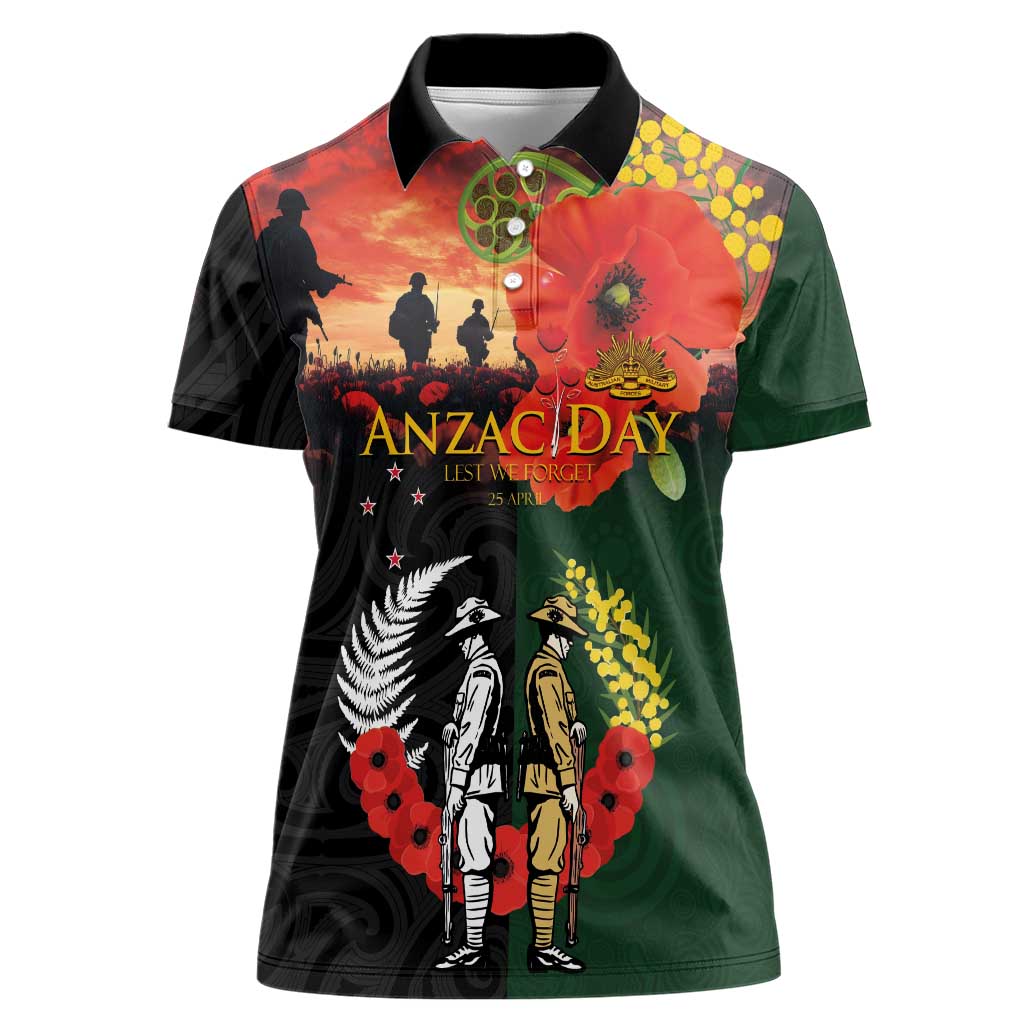 New Zealand and Australia ANZAC Day Women Polo Shirt Lest We Forget Indigenous and Maori Pattern