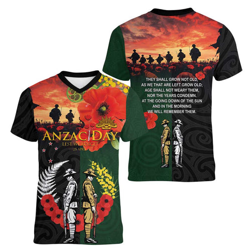 New Zealand and Australia ANZAC Day Women V-Neck T-Shirt Lest We Forget Indigenous and Maori Pattern