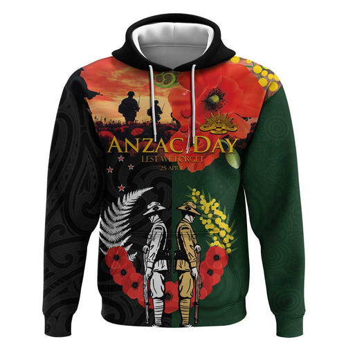 New Zealand and Australia ANZAC Day Zip Hoodie Lest We Forget Indigenous and Maori Pattern
