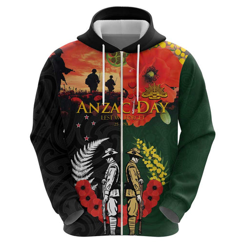 New Zealand and Australia ANZAC Day Zip Hoodie Lest We Forget Indigenous and Maori Pattern