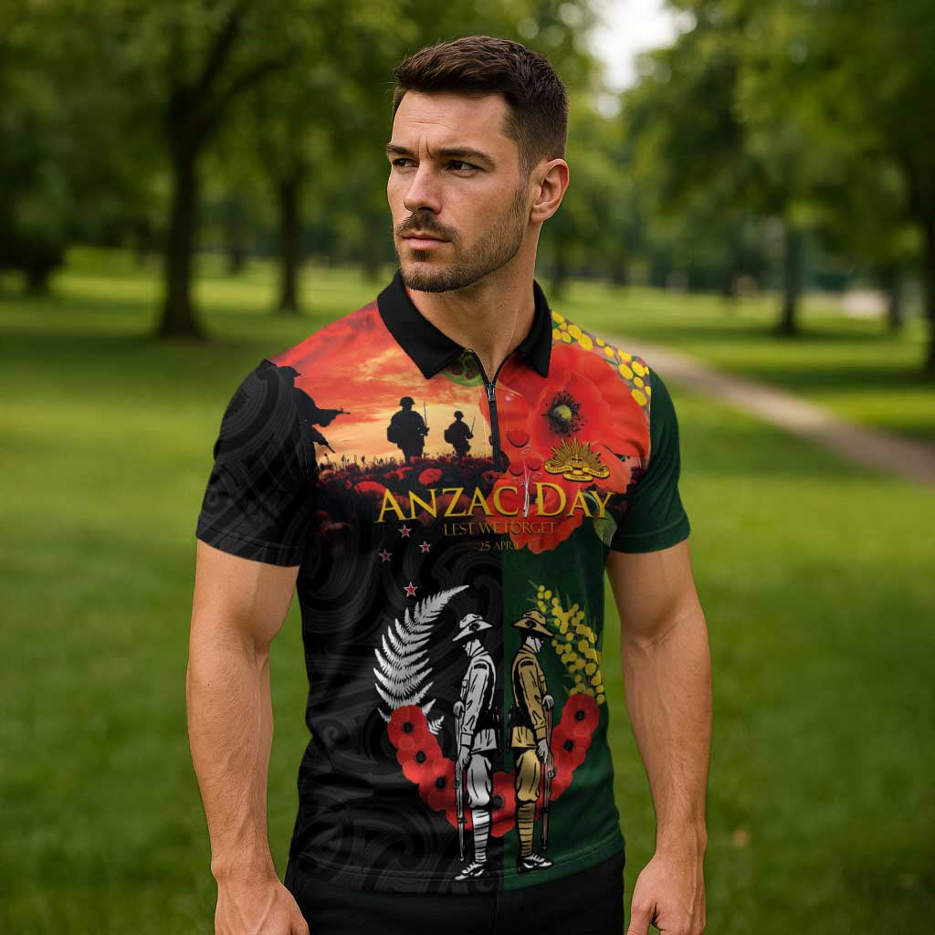 New Zealand and Australia ANZAC Day Zipper Polo Shirt Lest We Forget Indigenous and Maori Pattern