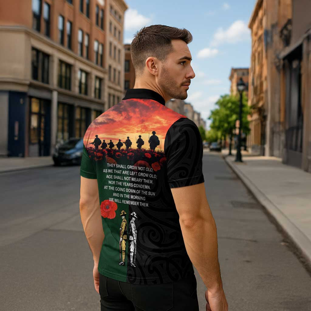 New Zealand and Australia ANZAC Day Zipper Polo Shirt Lest We Forget Indigenous and Maori Pattern