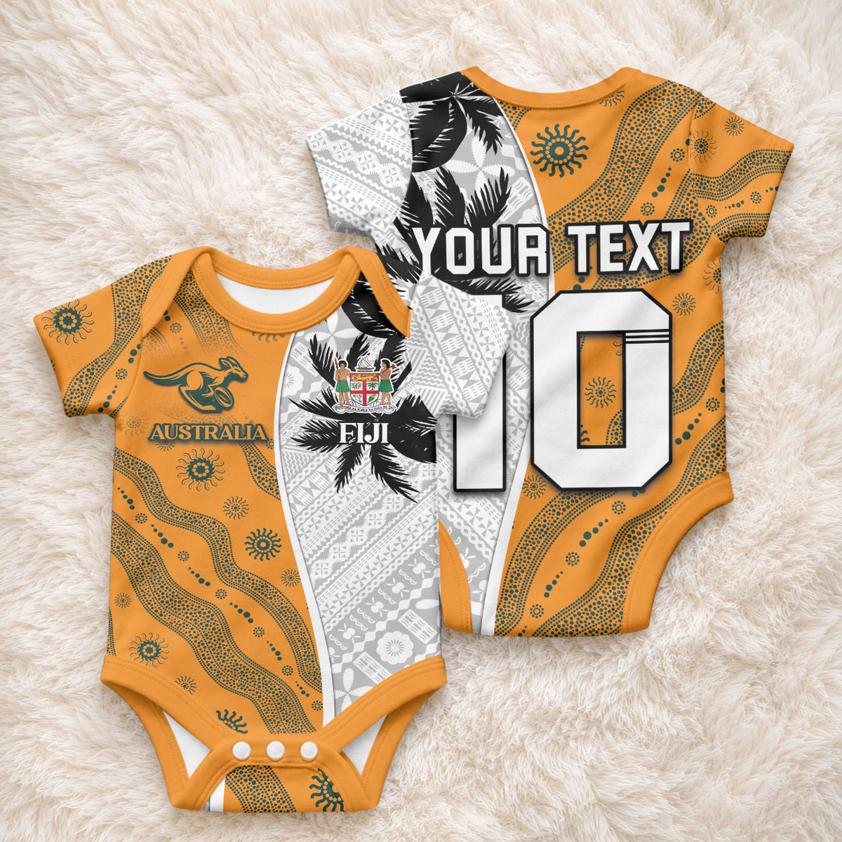 Custom Fiji and Australia Rugby Baby Onesie Tapa Mix Aboriginal Pattern Half Style
