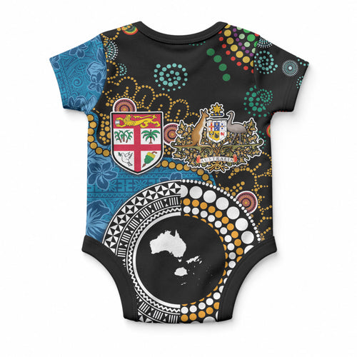 Fiji Palm Tree and Australia Kangaroo Baby Onesie Aboriginal Mix Tapa Pattern