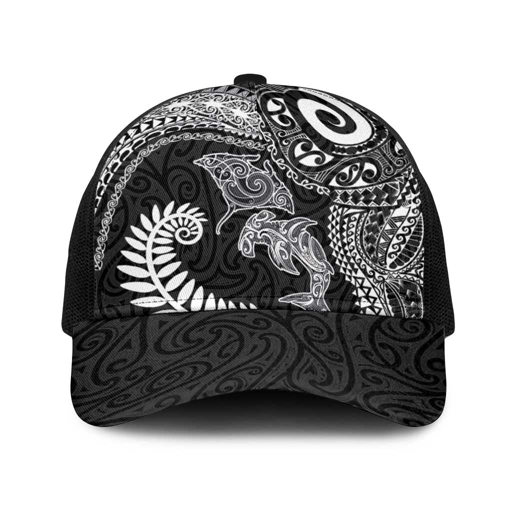 Aotearoa Maori Sea Animals Tribal Baseball Net Cap Manta Ray and Shark Moko Pattern Black Color