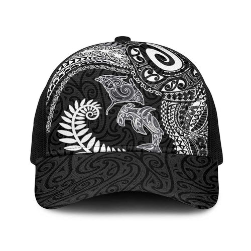 Aotearoa Maori Sea Animals Tribal Baseball Net Cap Manta Ray and Shark Moko Pattern Black Color