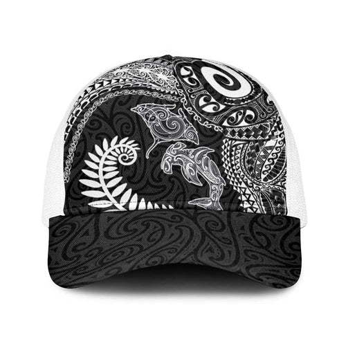 Aotearoa Maori Sea Animals Tribal Baseball Net Cap Manta Ray and Shark Moko Pattern Black Color