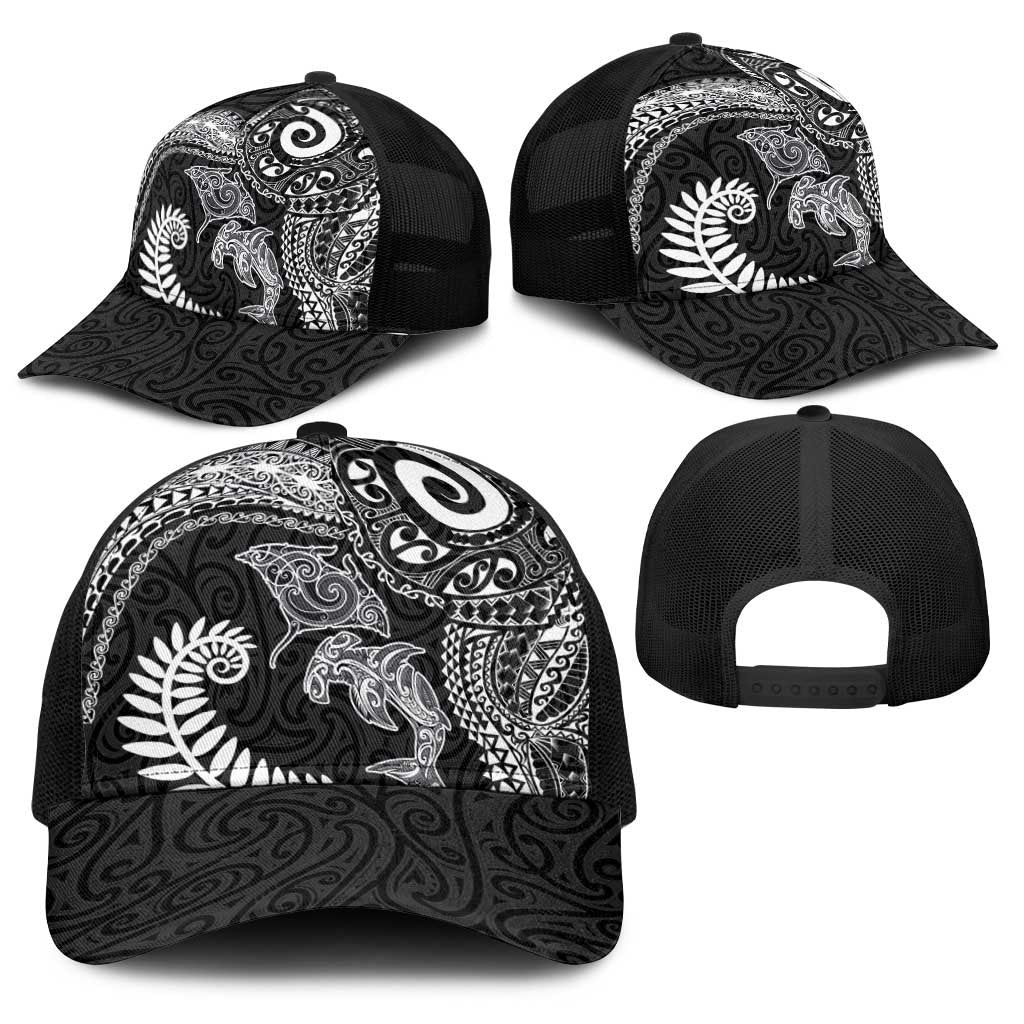 Aotearoa Maori Sea Animals Tribal Baseball Net Cap Manta Ray and Shark Moko Pattern Black Color