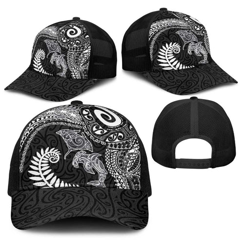 Aotearoa Maori Sea Animals Tribal Baseball Net Cap Manta Ray and Shark Moko Pattern Black Color