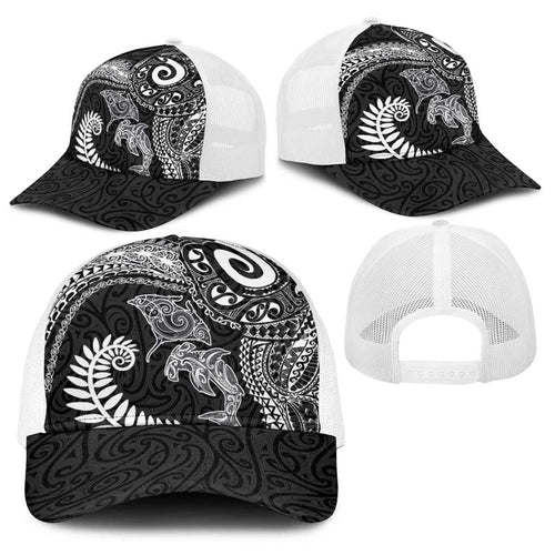 Aotearoa Maori Sea Animals Tribal Baseball Net Cap Manta Ray and Shark Moko Pattern Black Color