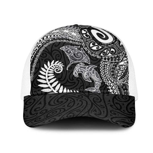 Aotearoa Maori Sea Animals Tribal Mesh Trucker Cap Manta Ray and Shark Moko Pattern Black Color