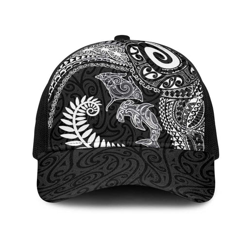 Aotearoa Maori Sea Animals Tribal Mesh Trucker Cap Manta Ray and Shark Moko Pattern Black Color
