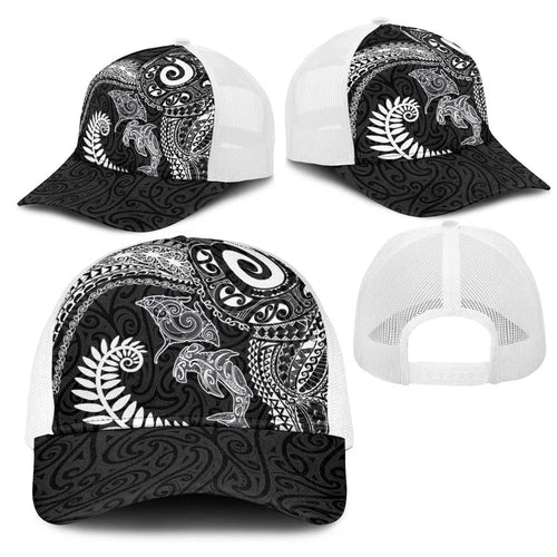 Aotearoa Maori Sea Animals Tribal Mesh Trucker Cap Manta Ray and Shark Moko Pattern Black Color