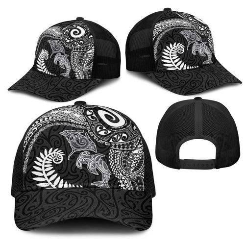 Aotearoa Maori Sea Animals Tribal Mesh Trucker Cap Manta Ray and Shark Moko Pattern Black Color