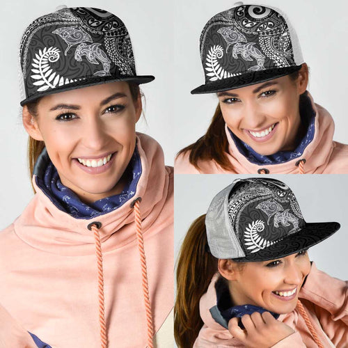 Aotearoa Maori Sea Animals Tribal Mesh Trucker Cap Manta Ray and Shark Moko Pattern Black Color