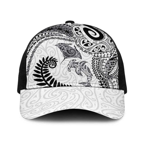 Aotearoa Maori Sea Animals Tribal Baseball Net Cap Manta Ray and Shark Moko Pattern White Color