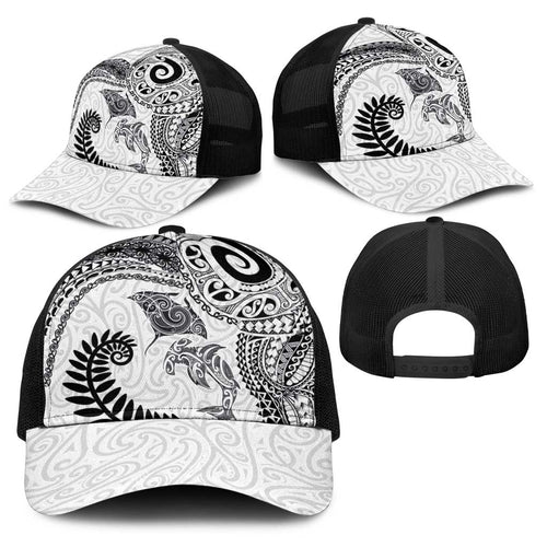 Aotearoa Maori Sea Animals Tribal Baseball Net Cap Manta Ray and Shark Moko Pattern White Color