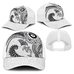 Aotearoa Maori Sea Animals Tribal Baseball Net Cap Manta Ray and Shark Moko Pattern White Color