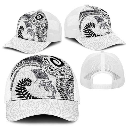 Aotearoa Maori Sea Animals Tribal Baseball Net Cap Manta Ray and Shark Moko Pattern White Color