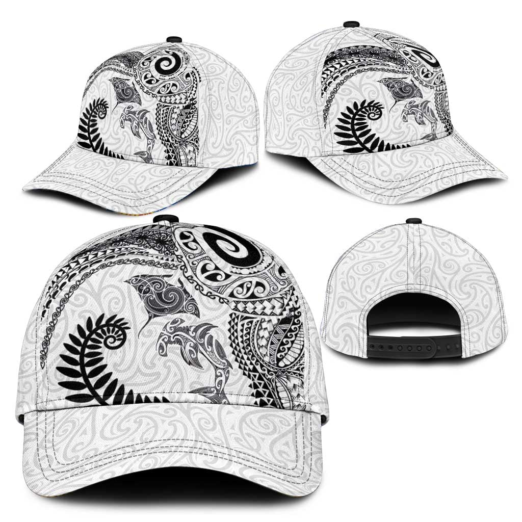 Aotearoa Maori Sea Animals Tribal Classic Cap Manta Ray and Shark Moko Pattern White Color