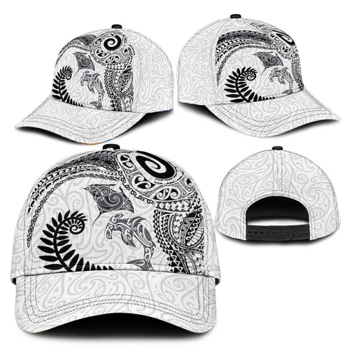 Aotearoa Maori Sea Animals Tribal Classic Cap Manta Ray and Shark Moko Pattern White Color