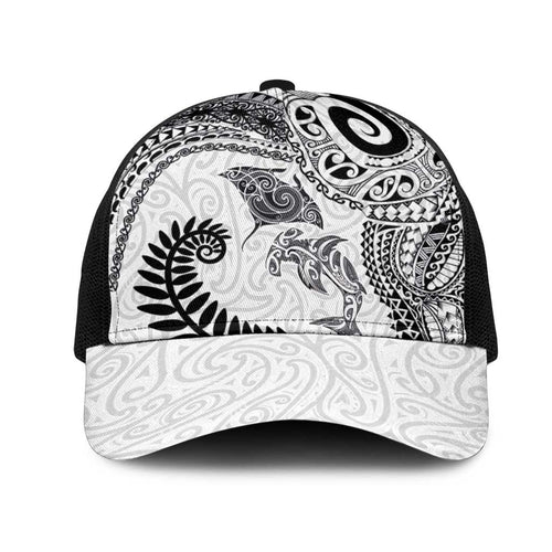 Aotearoa Maori Sea Animals Tribal Mesh Trucker Cap Manta Ray and Shark Moko Pattern White Color