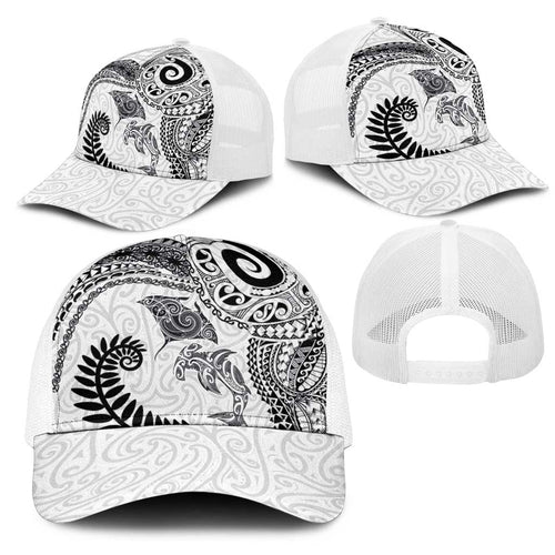 Aotearoa Maori Sea Animals Tribal Mesh Trucker Cap Manta Ray and Shark Moko Pattern White Color