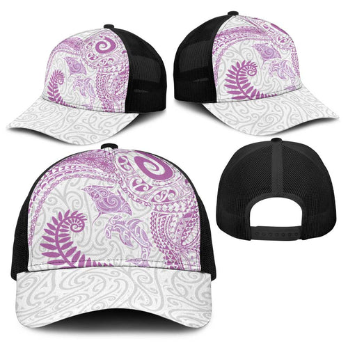 Aotearoa Maori Sea Animals Tribal Baseball Net Cap Manta Ray and Shark Moko Pattern Pink Color
