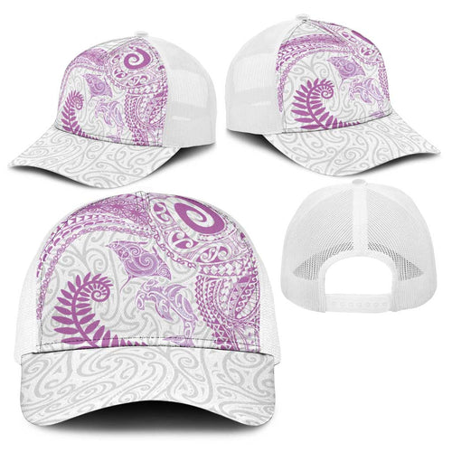 Aotearoa Maori Sea Animals Tribal Baseball Net Cap Manta Ray and Shark Moko Pattern Pink Color