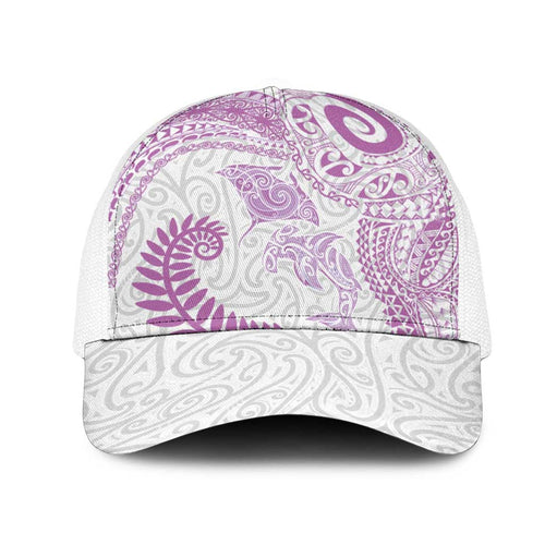 Aotearoa Maori Sea Animals Tribal Mesh Trucker Cap Manta Ray and Shark Moko Pattern Pink Color
