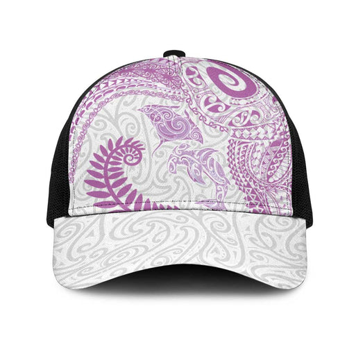 Aotearoa Maori Sea Animals Tribal Mesh Trucker Cap Manta Ray and Shark Moko Pattern Pink Color
