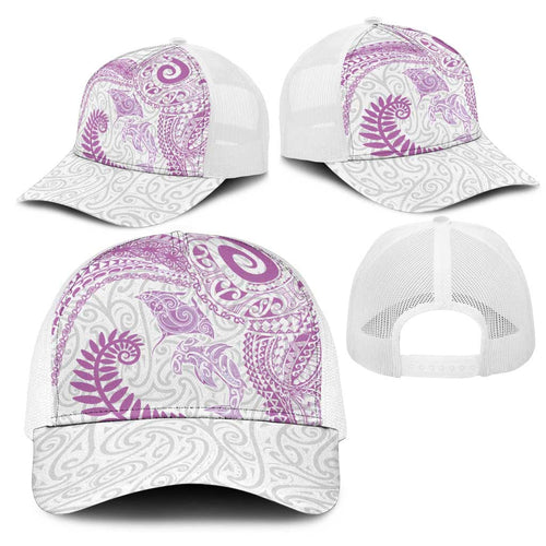 Aotearoa Maori Sea Animals Tribal Mesh Trucker Cap Manta Ray and Shark Moko Pattern Pink Color