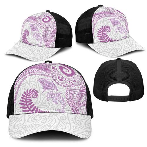Aotearoa Maori Sea Animals Tribal Mesh Trucker Cap Manta Ray and Shark Moko Pattern Pink Color
